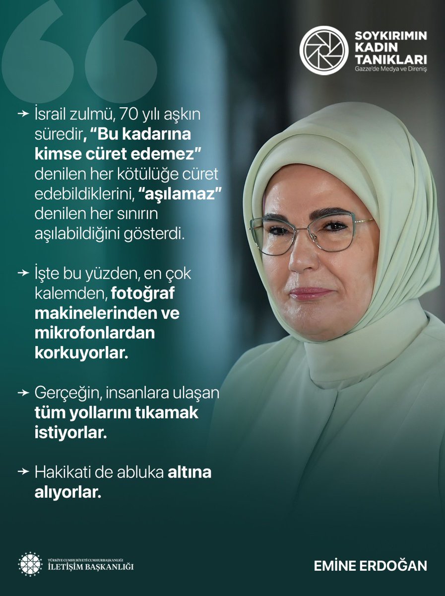Emine Erdoğan (<a href="/EmineErdogan/">Emine Erdoğan</a>):

"İsrail zulmü, 70 yılı aşkın süredir, 'Bu kadarına kimse cüret edemez' denilen her kötülüğe cüret edebildiklerini gösterdi. Bu yüzden, en çok kalemden, fotoğraf makinelerinden ve mikrofonlardan korkuyorlar."

📍 Soykırımın Kadın Tanıkları Paneli