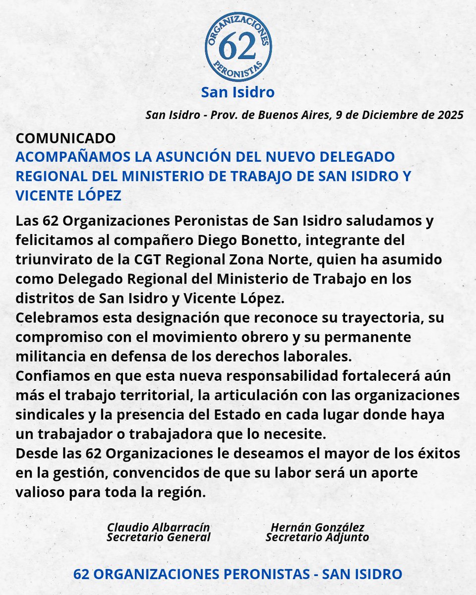 Desde <a href="/62OrgSanIsidro/">62 Organizaciones Peronistas - San Isidro</a> acompañamos la asunción del nuevo Delegado de <a href="/TrabajoPBA/">Trabajo PBA</a> de la regional San Isidro / Vicente Lopez.

#TodosUnidosTriunfaremos