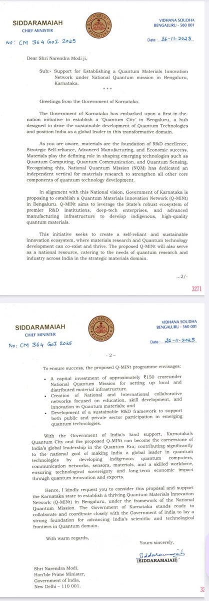ChristinMP_'s tweet image. Karnataka CM @siddaramaiah seeks PM @narendramodi &apos;s support to set up a Quantum Materials Innovation Network (Q-MINt) in Bengaluru under the National Quantum Mission, with Rs 150 crore investment. &quot;Q-MINt will develop indigenous quantum materials, foster collaborations, and…