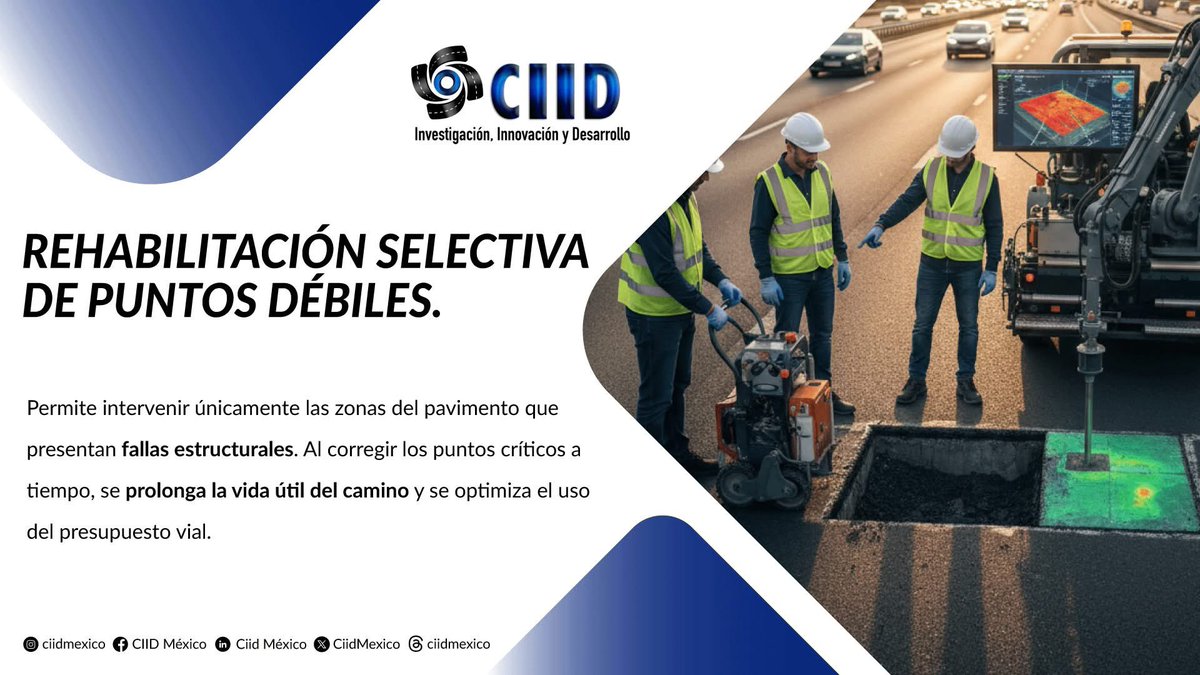 CiidMexico's tweet photo. La rehabilitación selectiva de puntos débiles es importante porque permite intervenir únicamente las zonas del pavimento que presentan fallas estructurales. Esto reduce costos, evita reconstrucciones innecesarias y previene que el deterioro se propague a áreas sanas. ✨⚠ https://t.co/TzStCFdOE1