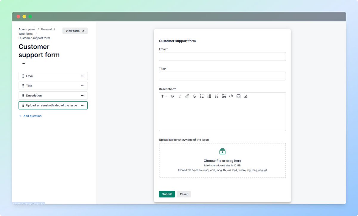 NeetoDesk's tweet photo. NEW in #NeetoDesk

Web forms now support file uploads, and any uploaded file is automatically attached to the ticket created in NeetoDesk.

A smoother, more complete way to collect information from customers.

#ProductUpdate #NeetoDesk #SaaS #CustomerSupport https://t.co/ys0YpHsPZh