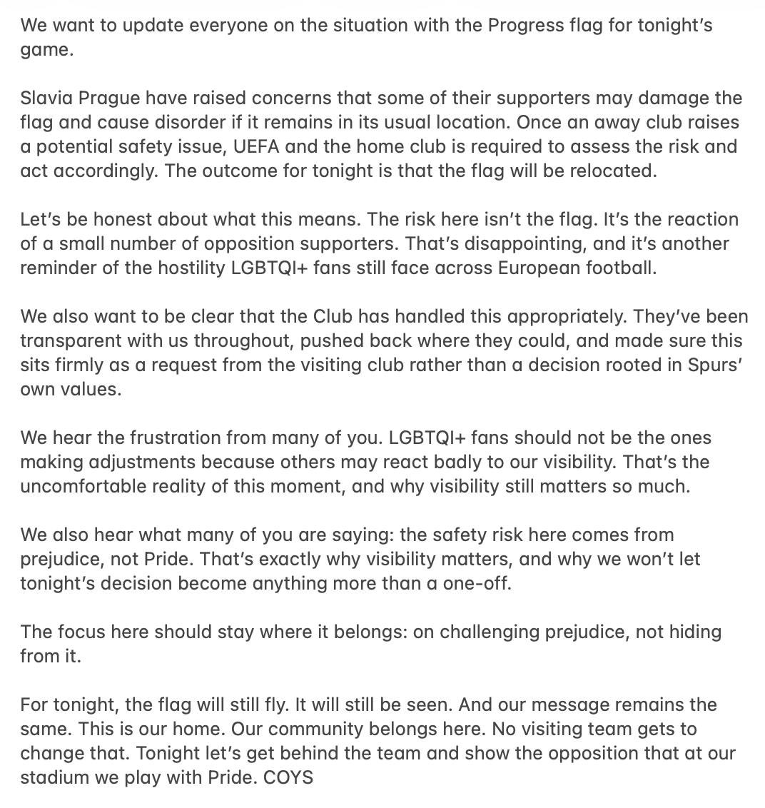 Moments like today show exactly why visibility matters. LGBTQI+ fans shouldn’t have to shrink to make others feel comfortable.

Tonight our flag still flies and our community will continue to stand strong. Pride will always have a place at Our stadium and Our Club #COYS