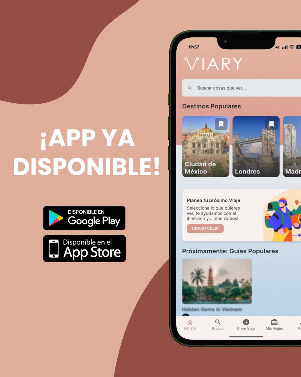 🎉 La app de Viary ya es PÚBLICA 🎉

- Planificador de viajes 100% flexible
- Itinerarios completos con días y horas
- Aprovecha los viajes completos de otros usuarios
- Organiza el viaje junto al resto de viajeros

Disponible en iOS y Android.