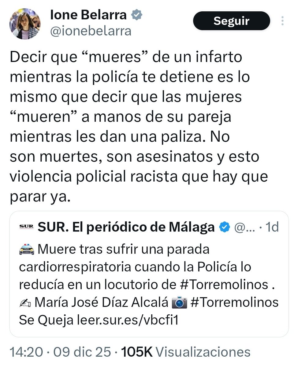 Sup_Policia's tweet photo. Sra @ionebelarra, una vez más, su único propósito parece ser desacreditar el trabajo de los policías nacionales.
Calificar una intervención policial como “asesinato” no solo es irresponsable, sino que nos obliga, nuevamente, a acudir a los tribunales para defender el honor y la profesionalidad de nuestros compañeros.
Desde el @Sup_Policia anunciamos acciones legales contra la secretaria general de Podemos por estas declaraciones.
#SupDenuncia
https://t.co/FfcmX0JNB6