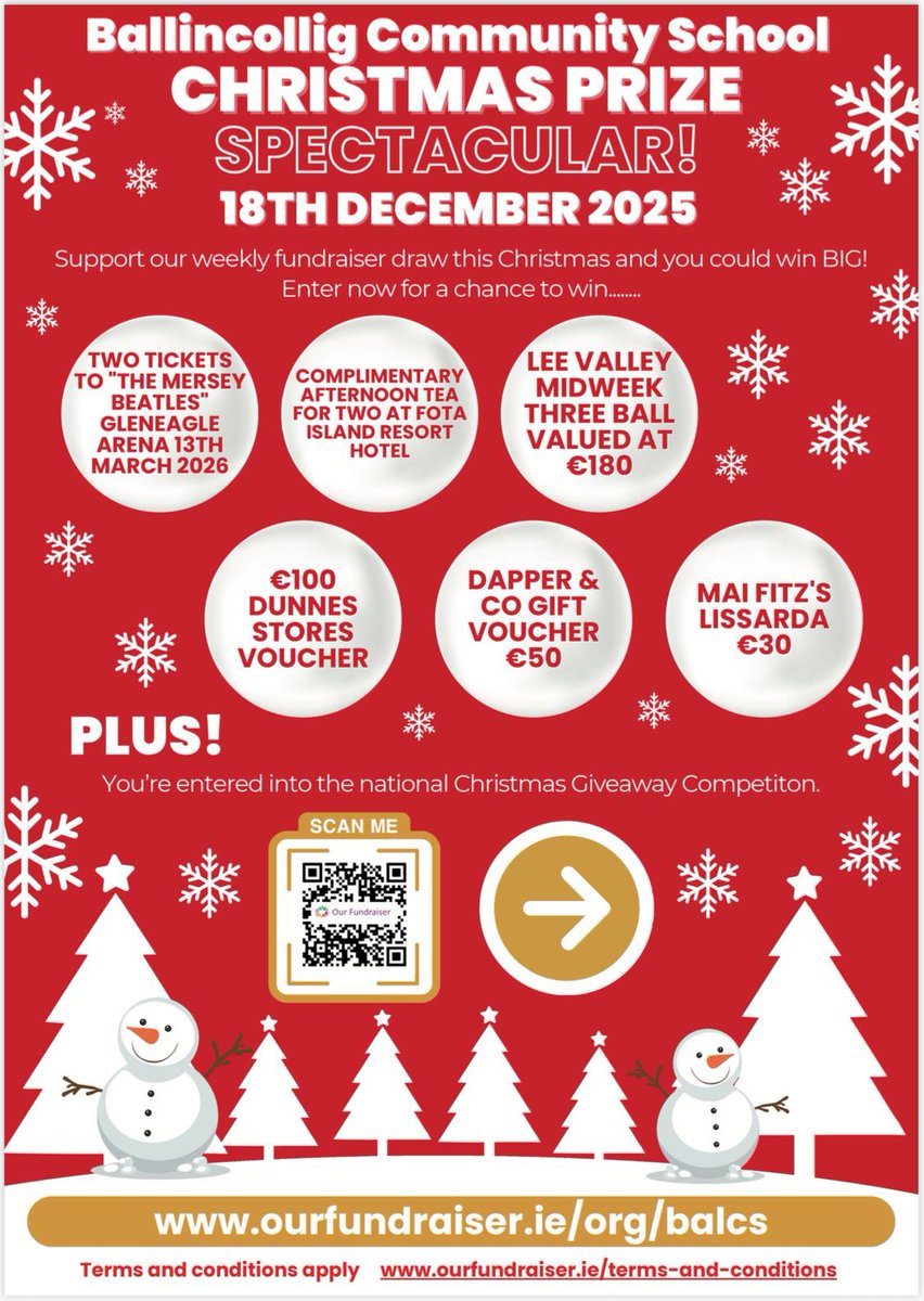 🎄🎁 Christmas presents = sorted!
Join our School Lotto for a chance to win amazing prizes this month — from show tickets to afternoon tea and more!
Every line also gets a FREE entry into a nationwide Christmas Giveaway with incredible rewards: ourfundraiser.ie/org/balcs/