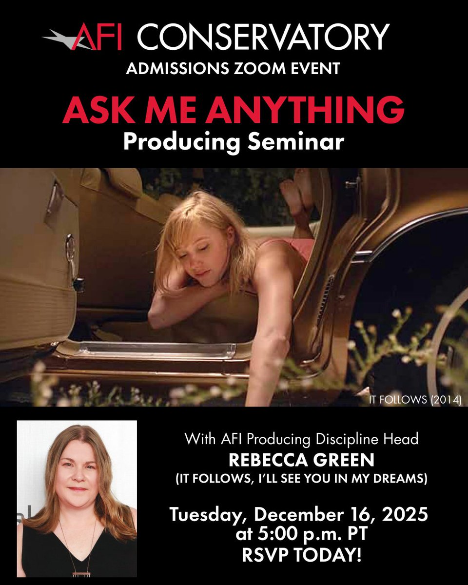 AmericanFilm's tweet image. Aspiring #producers! Join AFI #Producing Head Rebecca Green for a live Q&amp;amp;A on Dec 16 at 5:00 p.m. PT. Bring your questions about projects and career paths, and learn more about the AFI Producing Program and how to strengthen your application. RSVP at bit.ly/3MOkwod.