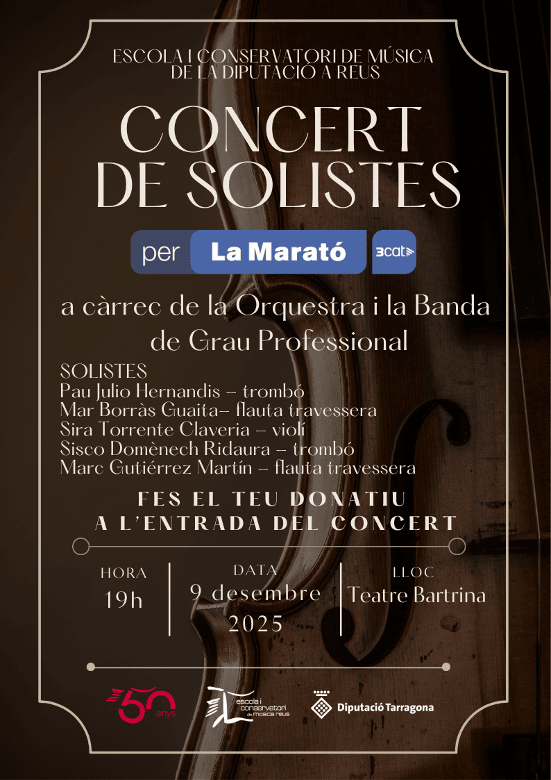 cmreus's tweet photo. 👉Tot a punt per escoltar el talent dels nostres solistes en una nova edició del Concert de Solistes. 🎵🥰 En aquest cas, en suport a la Marató de 3Cat, podreu fer donatius a l'inici i al final del concert. Us hi esperem! @Dipta_cat  @la_marato https://t.co/1Oul0bCmmP