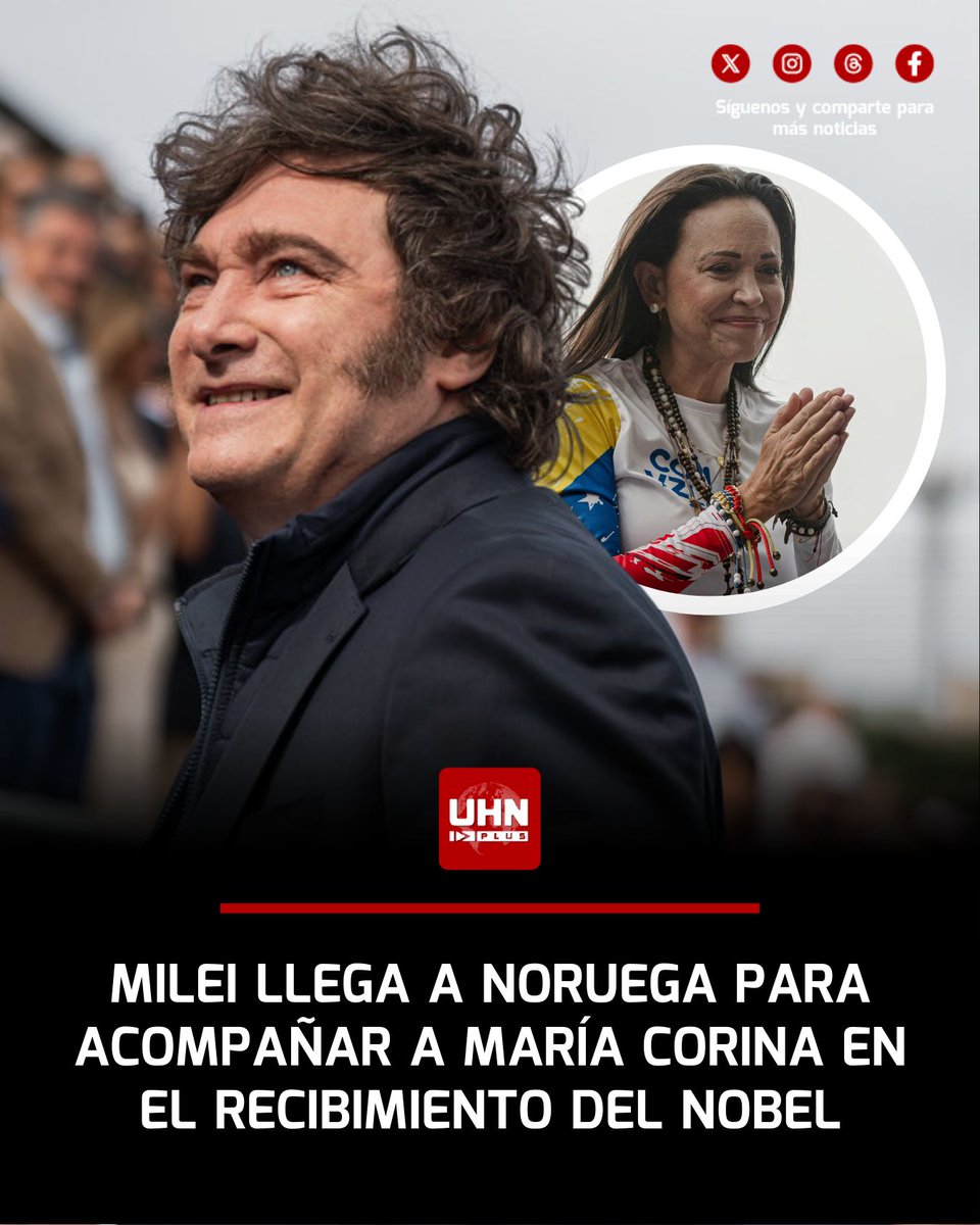 UHN_Plus's tweet image. 🇳🇴🇦🇷🇻🇪‼️ | ÚLTIMA HORA — El Presidente argentino Javier Milei llegó a Oslo para acompañar a María Corina Machado en la ceremonia del Premio Nobel de la Paz, en medio de la gran expectativa internacional por la aparición pública de la líder opositora venezolana.