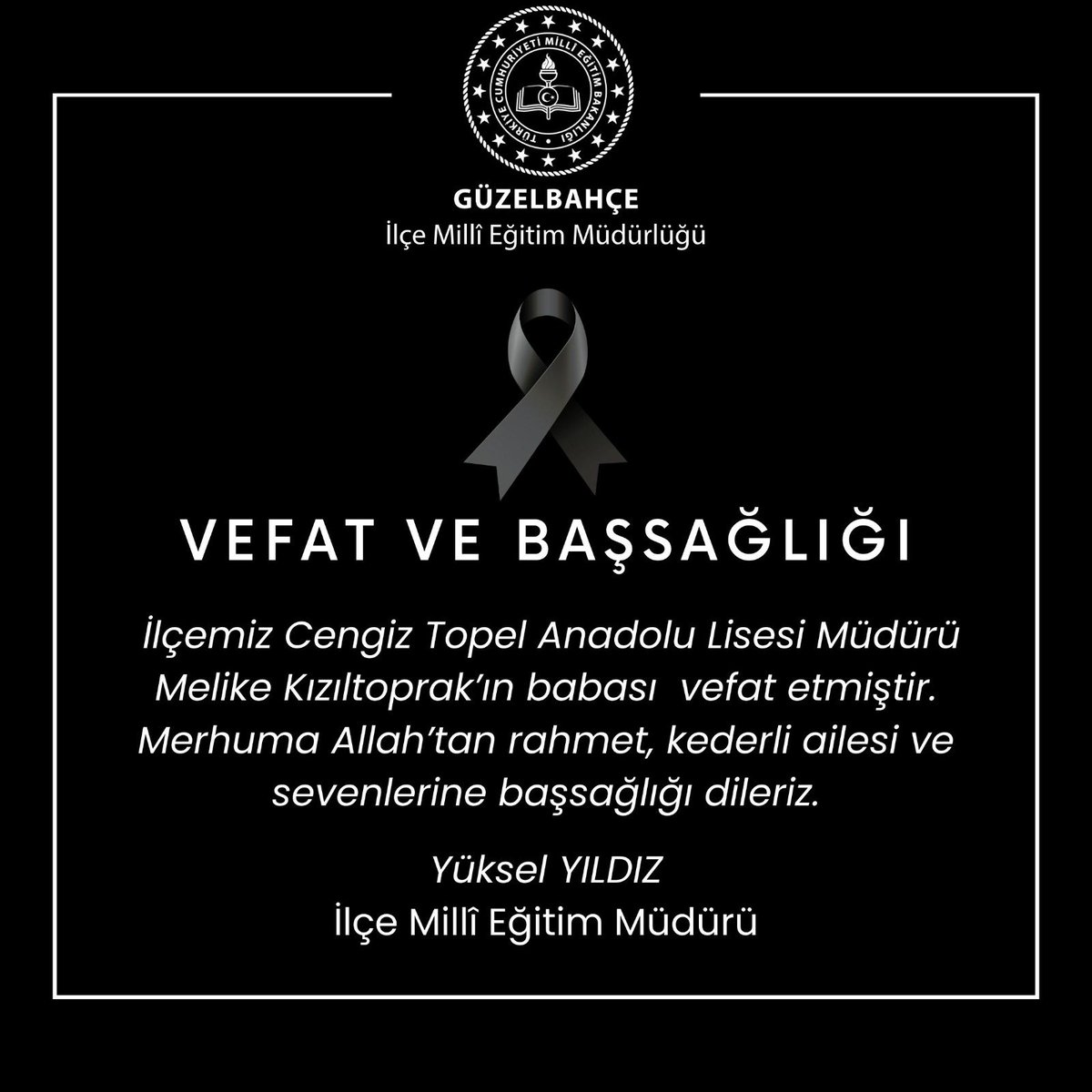 İlçemiz Cengiz Topel Anadolu Lisesi Müdürü Melike Kızıltoprak’ın babası  vefat etmiştir. Merhuma Allah’tan rahmet, kederli ailesi ve sevenlerine başsağlığı dileriz. @Guzelbahcekay <a href="/izmir_ilmem/">İzmir İl Milli Eğitim Müdürlüğü</a> <a href="/yuselyildiz/">Yüksel YILDIZ</a>