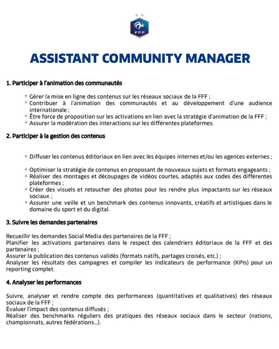 La FFF recherche son/sa futur(e) 𝙨𝙩𝙖𝙜𝙞𝙖𝙞𝙧𝙚 "𝘼𝙨𝙨𝙞𝙨𝙩𝙖𝙣𝙩(𝙚) 𝘾𝙤𝙢𝙢𝙪𝙣𝙞𝙩𝙮 𝙈𝙖𝙣𝙖𝙜𝙚𝙧" pour une durée de 6 mois ! 👀

Février 2026 - Juillet 2026

Pour candidater 👉 recrutement.fff.fr/jobs-offers/po…