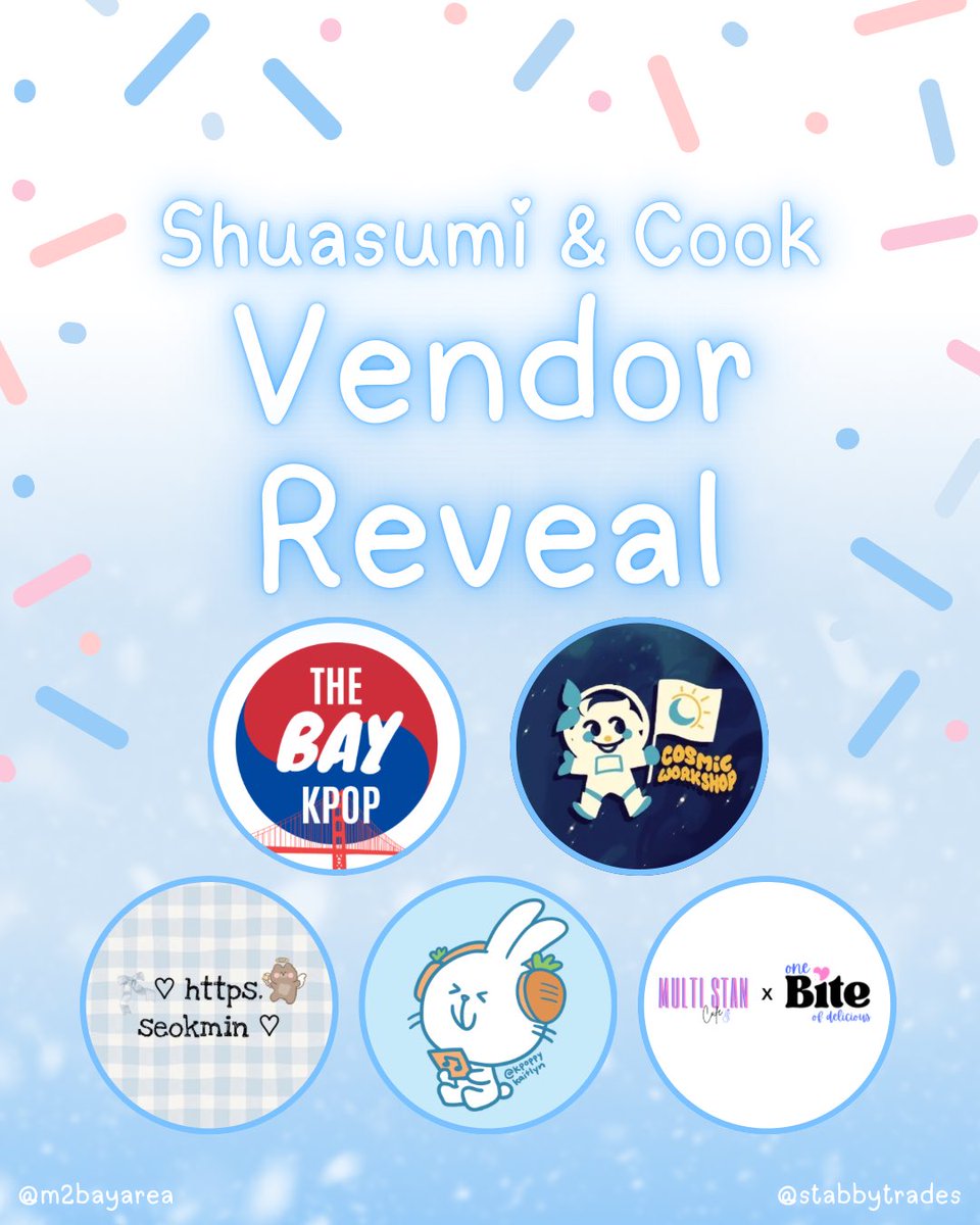 The Shuasumi &amp; Cook vendor lineup is here!

Join us at Sip &amp; Savor in Hayward on Saturday, 12/27 to support these shops 💗
✨ <a href="/thebaykpop/">The Bay K-Pop</a>
✨ cosmic workshop
✨ https.seokmin
✨ <a href="/kpoppykaitlyn/">kaitlyn ⚾️</a>
✨ Multi Stan Cafe x One Bite of Delicious

#shuasumiandcook