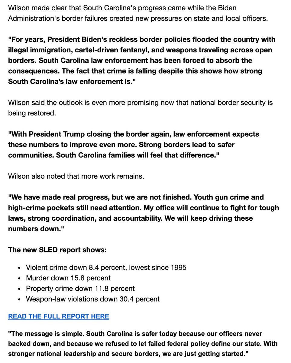 Violent crime is at a 30 year low in South Carolina. Read <a href="/AGAlanWilson/">Alan Wilson</a>'s full statement⬇️