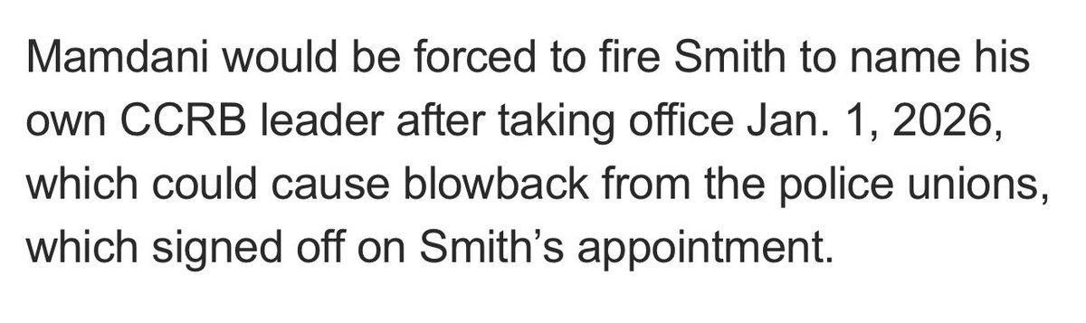 admcrlsn's tweet image. Pat Smith is a former New York Post reporter who will simply blindly side with cops in CCRB cases.

I understand not wanting to expend political capital on replacing Jessica Tisch as police commissioner, but IMO it’s worth it to replace this Adams stooge on day one.