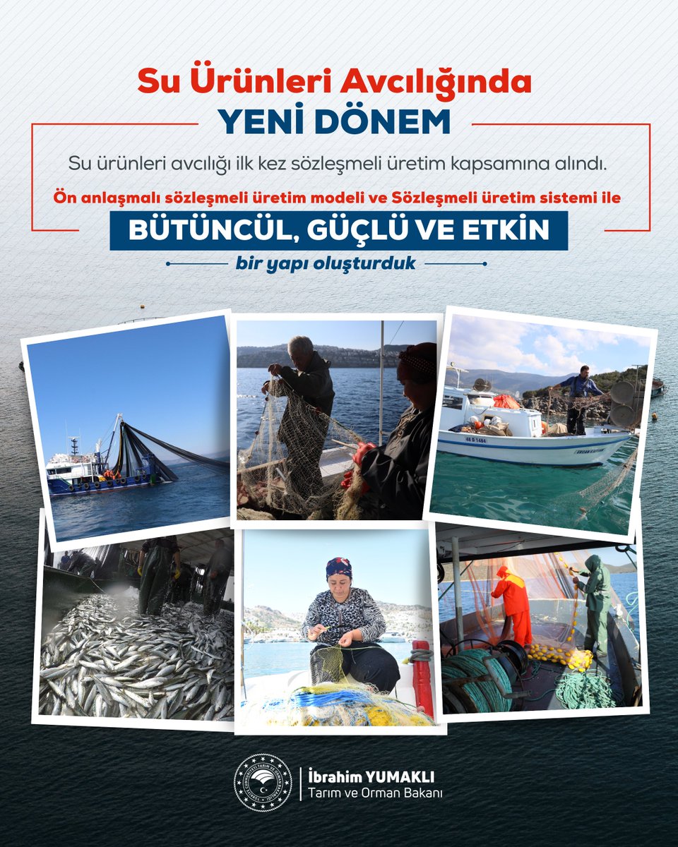 ibrahimyumakli's tweet photo. 🐟 Su ürünleri avcılığında yeni bir dönem başlıyor

📋 Su ürünleri avcılığı, ilk kez sözleşmeli üretim kapsamına alındı. Böylece;
✅ hem üretici hem alıcı korunacak,
✅ sektörün kayıtlılığı artacak,
✅ üretimde planlama güçlenecek,
✅ kaynakların sürdürülebilir kullanımı güvence altına alınacak.

🌊 Bütüncül, güçlü ve etkin bir yapı ile sektörümüzü daha verimli ve sürdürülebilir yarınlara hazırlıyoruz.