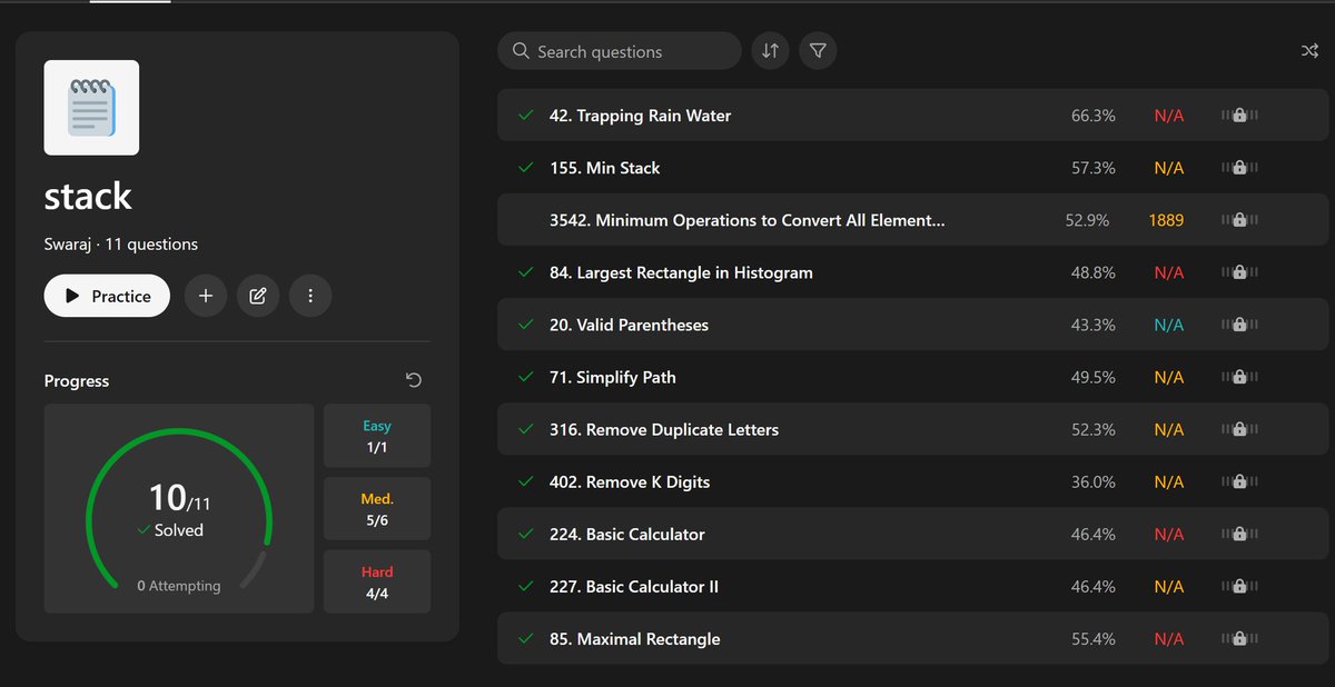 SwaDotDev's tweet image. Whenever I need to revise Stack data structure for interviews
I just go through these problems 
#LeetCode