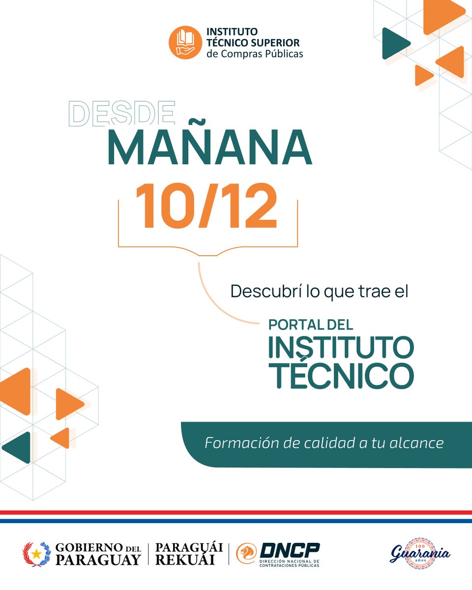 dncp_py's tweet image. Estamos a un   día ‼️

📌  A partir de mañana podrás explorar el Portal del Instituto Técnico.

Preparate   para conocer algo transformador. 🚀
