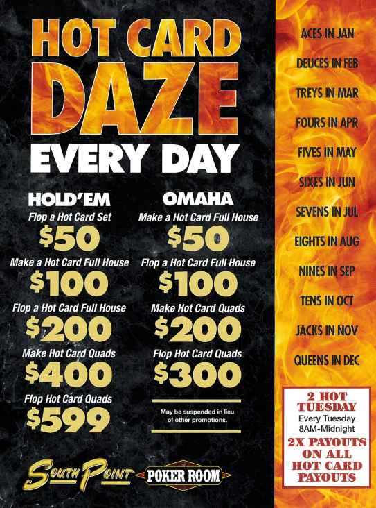 SPPokr's tweet photo. It's 2 Hot Tuesday @ The Point! Everyone's favorite promotion just got better. All Hot Card payouts are worth Double on Tuesday! Make any of the designated hands when starting with pocket Queens and you'll fill your pockets full of cash! @southpointlv #hotcard https://t.co/UPwJ39eqCG