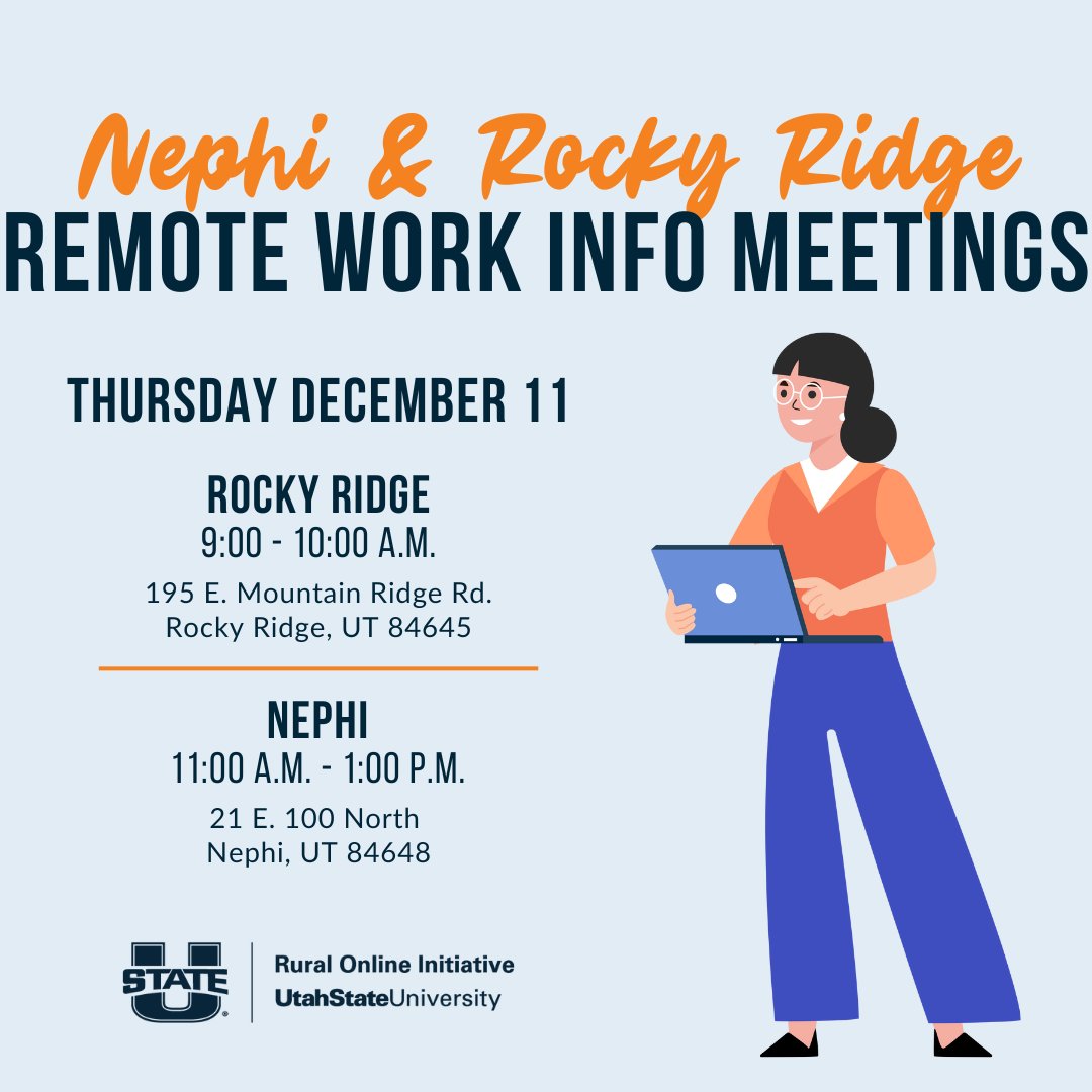 Nephi and Rocky Ridge, we are coming your way on December 11th! Join us at the Rocky Ridge Town Office at 9 a.m. or the Nephi City Offices at 11 a.m. to see how remote work can work for you!

Free Registration: zurl.co/8LCop