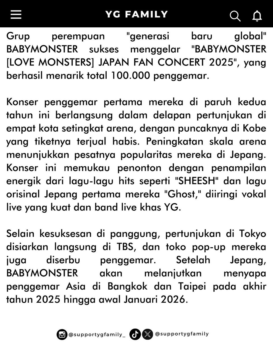 supportygfamily's tweet photo. Fenomenal! vokal live & fan service BABYMONSTER pukau 100 ribu penggemar dalam fancon Jepang.
Cr. jtbc news
☃️
#BABYMONSTER
#yg #ygent #ygentertainment
#Supportygfamily_babymonster https://t.co/F2bhh6w17F