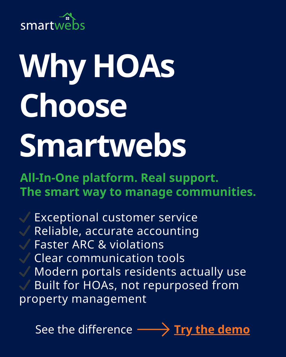 SmartwebsINC's tweet photo. HOAs choose Smartwebs for a reason:

✔ Exceptional support
✔ Reliable accounting
✔ Faster ARC &amp; violations
✔ Clear communication
✔ Portals residents actually use
One platform. Real results.
👉 https://t.co/ZFzwfvAb9a
#HOASoftware #Propmgmt #Smartwebs https://t.co/CszP58zGOz