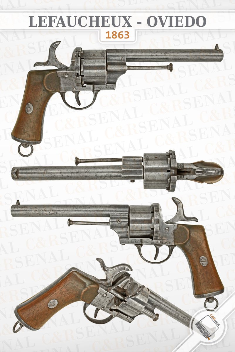 Real_CandRsenal's tweet photo. Spanish Lefaucheux-Oviedo 1863

Spain had produced copies of the earliest pattern of Lefaucheux at Trubia Arsenal.  When production was moved to Oviedo, it initially carried on with a slightly updated pattern.  Within the year, however, further changes were made resulting in the Model 1863 being adopted for the Civil Guard, Carabinieri, and Mounted Artillery.  Once the Spanish Navy abandoned the Kerr revolver, they too adopted the 1863.  Curiously, these revolvers remained in production, all but unchanged, until at least 1897.  They were still the standard issue sidearm for Spain during the Spanish-American War, though officers usually purchased domestically made, centerfire, top-breaks.  

Check out our gallery!  We're adding to it every weekday.
https://t.co/QTBB8whdVz