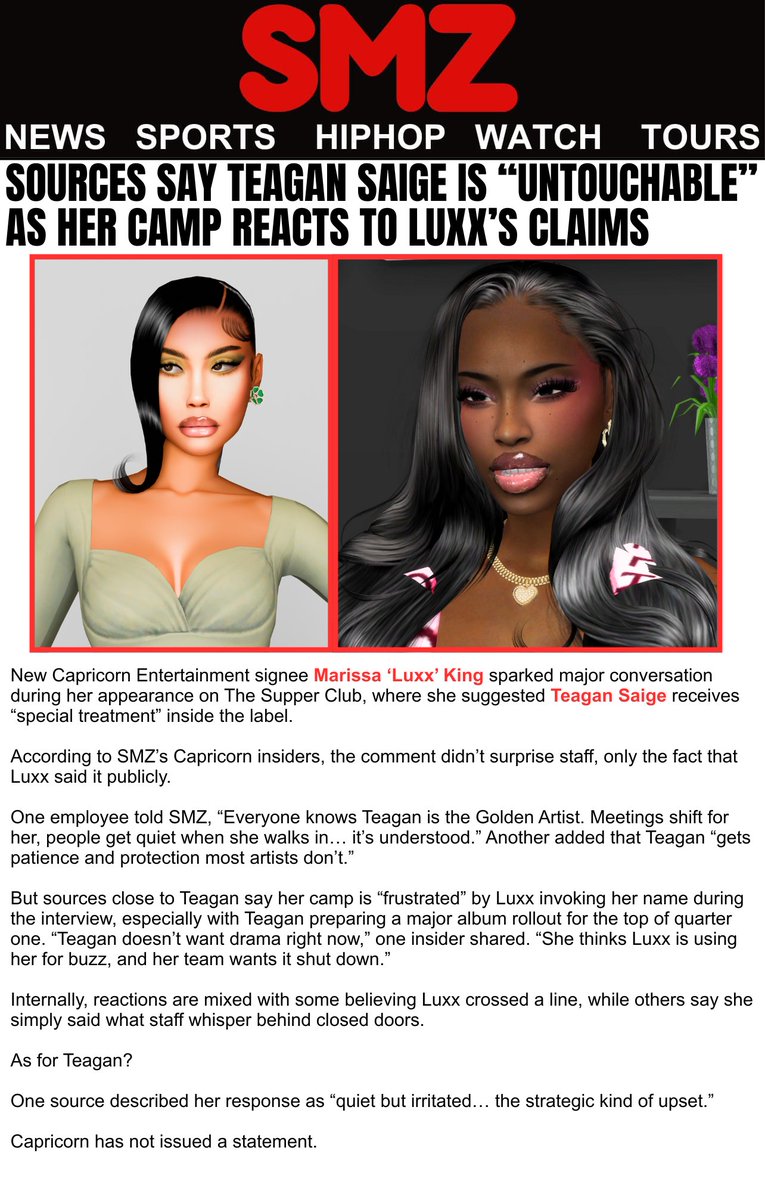 The drama at Capricorn Ent. is getting LOUD 😭☕️ Luxx made her comments on The Supper Club, and now insiders are calling Teagan “untouchable.” SMZ says Teagan's team is NOT happy…