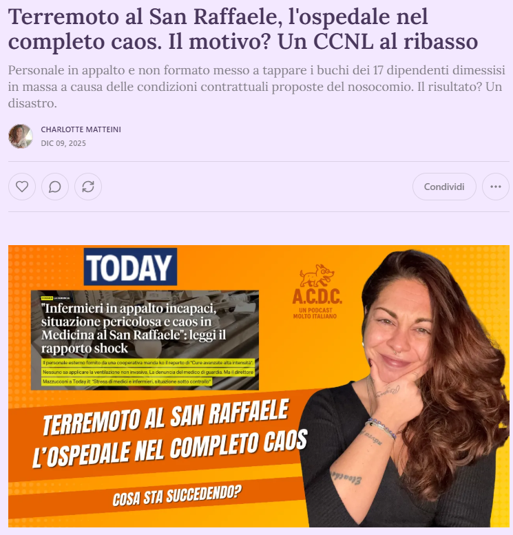 Cosa sta succedendo al San Raffaele? 
Una bella inchiesta di Today.it ha rivelato la situazione all'interno di un reparto dell'ospedale, da cui da poco si sono dimessi in 17. 

Cosa sta causando questa emorragia di personale? Un CCNL al ribasso

Link prossimo tweet