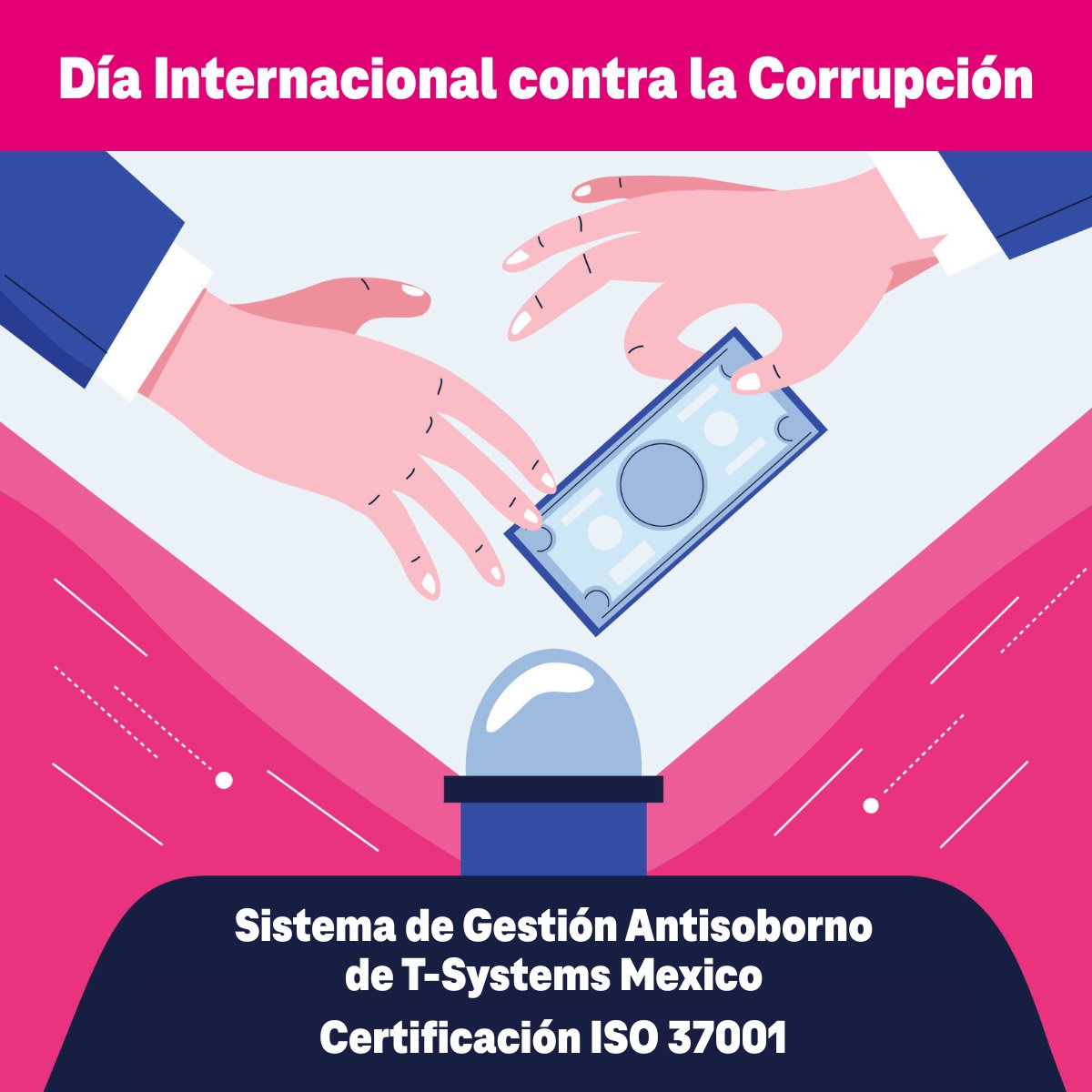 TSystemsMX's tweet photo. Hoy se conmemora el #DíaInternacionalContraLaCorrupción. Nuestros #principiosyvalores se centran en la honestidad. Conoce más sobre nuestra certificación #ISO37001 aquí: https://t.co/oNulawt0tU
#TSMX #antifraude #anticorrupción #honestidad #transparencia https://t.co/PX7YXUaKYC