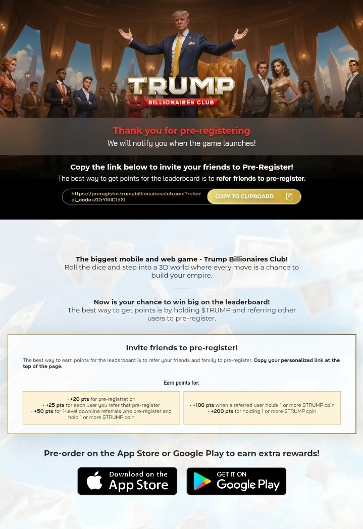 Cats out of the bag.   <a href="/OpenLoot/">Open Loot</a> just revealed one of their secret projects!  <a href="/Trump/">The Trump Organization</a> now has his own boardgame available on the app store with a massive $TRUMP leaserboard coming.  You can check it out below.

Referral code here:

preregister.trumpbillionairesclub.com/?referral_code…

#Web3 #GooglePlay #Trump