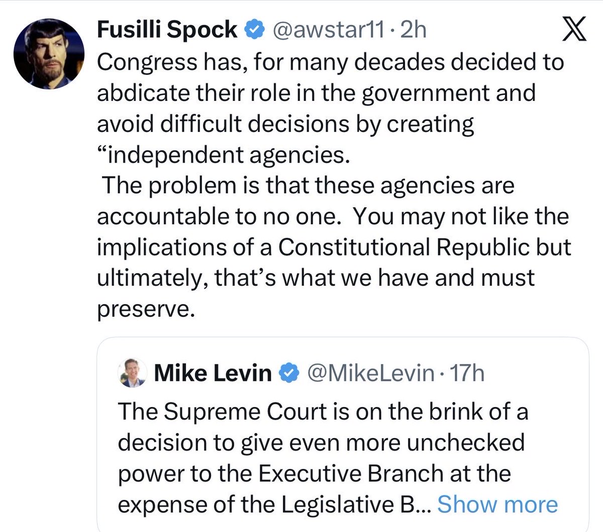 This is such a ridiculous take. These agencies are accountable to Congress, which exercises oversight power over them, establishes the rules under which they operate, and can cut or withdraw their funding at any time.