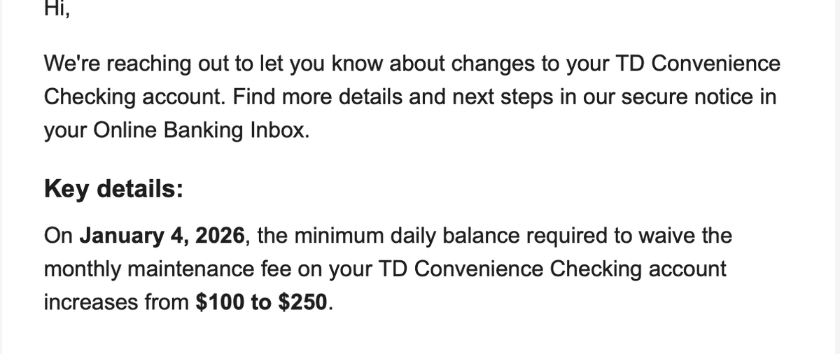 drintastic's tweet photo. Straight up what would be the reason for @TDBank_US  to make this kind of change if it's not simply to take money from poor people??? Stealing $15 from people who already have less than $250 in the bank and calling it a maintenance fee is unnecessary and sick!! I hate it here!!!! https://t.co/9mU0SSBZIx