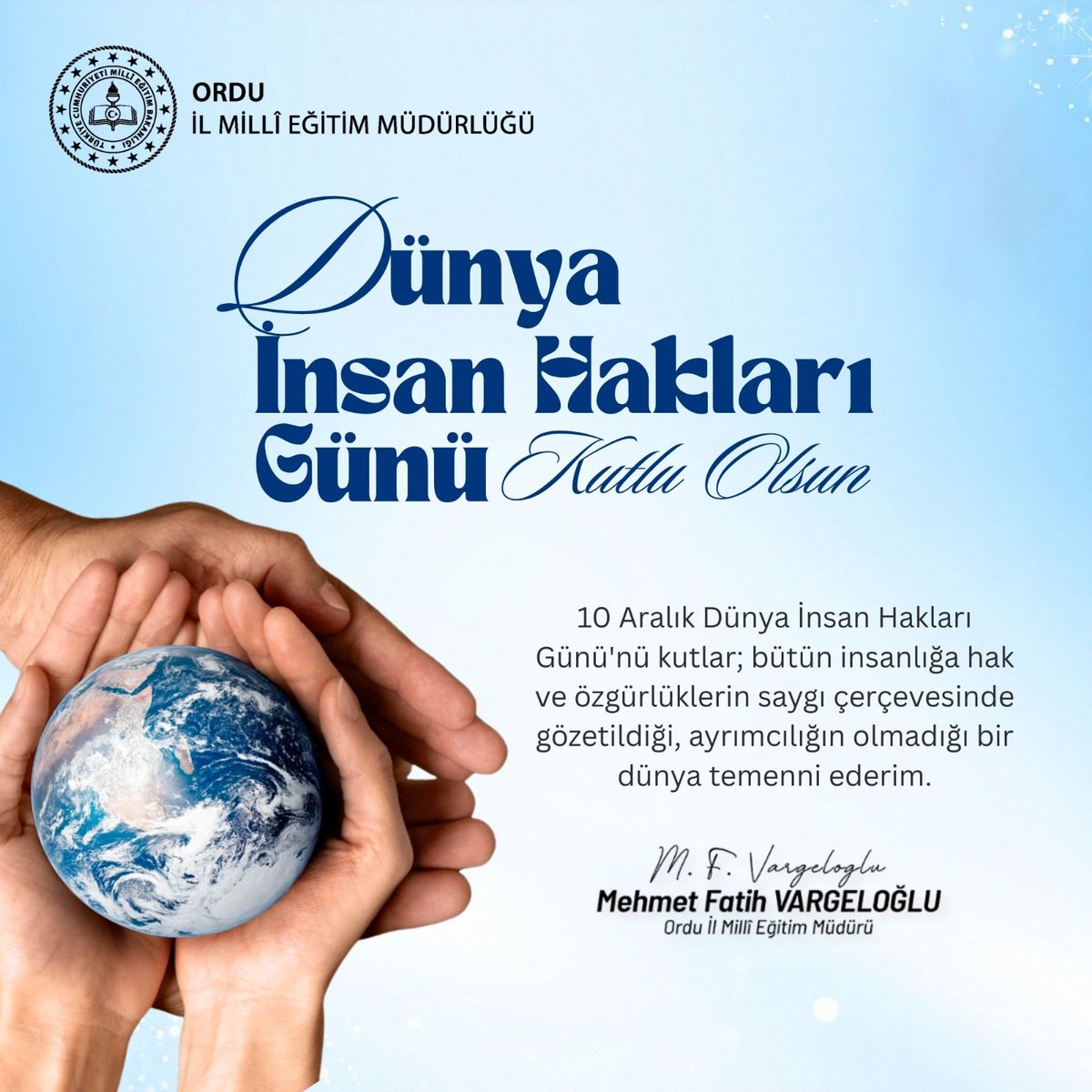 İnsan hakları, çağdaş toplumların temeli ve ortak değerimizdir. Her bireyin eşit, özgür ve onurlu yaşam hakkına saygı, hepimizin sorumluluğudur.

1️⃣0️⃣ Aralık Dünya İnsan Hakları Günü Kutlu Olsun!

#eğitimkentiORDU
#Ordu
#10AralıkDünyaİnsanHaklarıGünü 

<a href="/tcmeb/">Millî Eğitim Bakanlığı</a> <a href="/Yusuf__Tekin/">Yusuf Tekin</a>