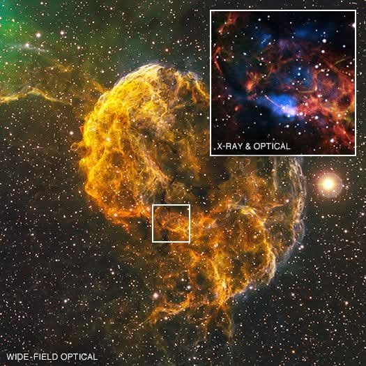 konstructivizm's tweet photo. IC 443: The Jellyfish Nebula (Shortened Version)The Jellyfish Nebula (IC 443) is a supernova remnant located about 5,000 light-years away in the constellation Gemini. New Chandra X-ray Observatory observations have likely found its long-sought neutron star — a rapidly spinning pulsar called CXOU J061705.3+222127 (J0617 for short) — on the southern edge of the remnant.The explosion of a massive star left behind this dense, spinning neutron star. Chandra data reveal a small ring around J0617, possibly a shock where the pulsar wind slows abruptly, and a jet-like feature shooting particles at high speed. The surrounding diffuse X-ray emission has a comet-like tail, suggesting the pulsar is moving through the remnant.Although the tail’s direction is offset from what would be expected if the pulsar had traveled straight from the explosion center, this can be explained by interactions with dense material in the nebula pushing the tail aside.These observations support an age of several tens of thousands of years for IC 443 (closer to ~30,000 years than the younger ~3,000-year estimates from some earlier studies).A new composite image combines optical data showing the nebula’s beautiful filaments with Chandra’s X-ray view (blue) highlighting the pulsar and its https://t.co/WK8tOpU9XK: X-ray: NASA/CXC/MSFC/D.Swartz et al.; Optical: NSF/NOIRLab/DSS; Paper: Swartz et al. (Astrophysical Journal).