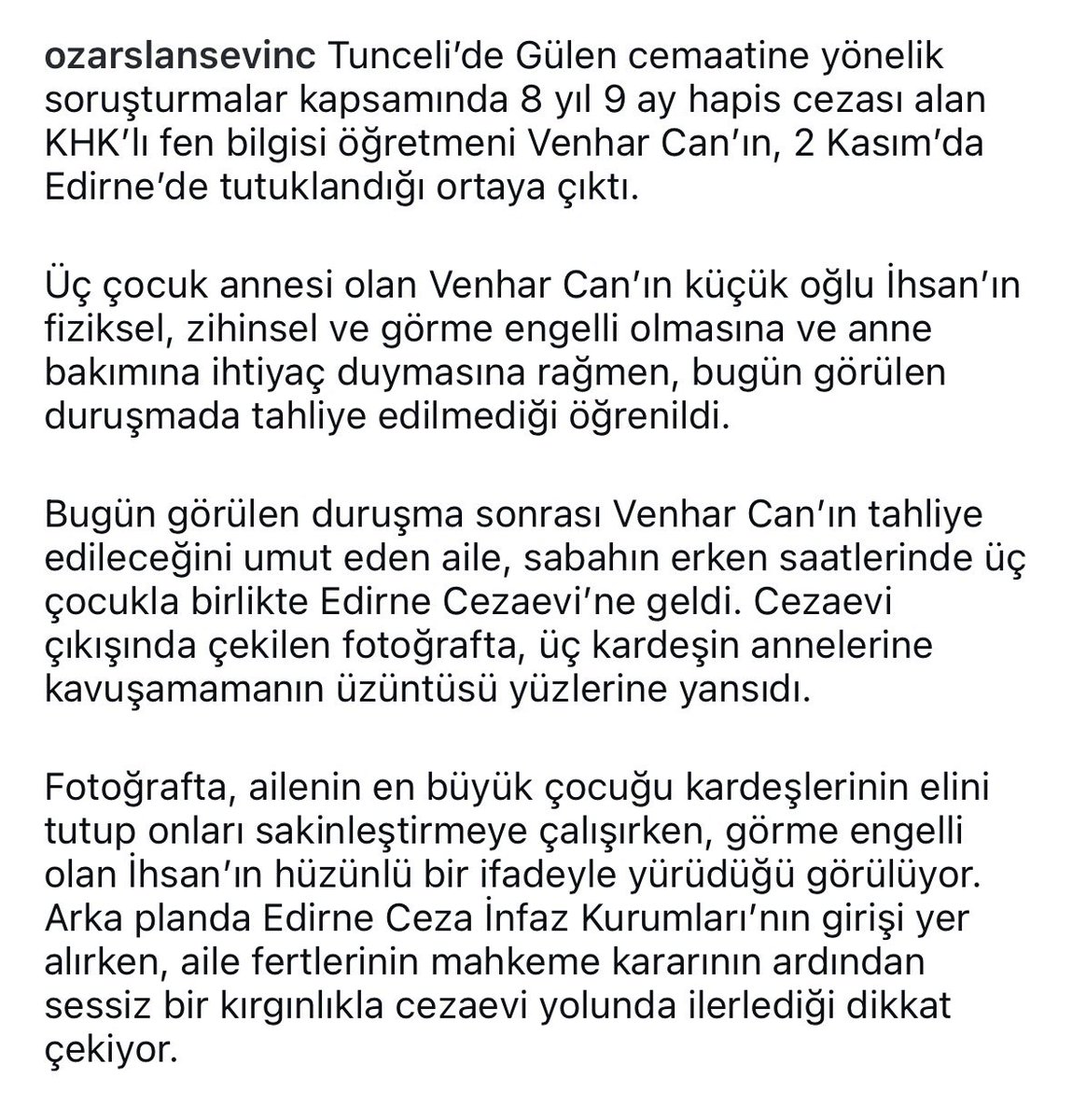 sahane_5's tweet photo. TEPKİNİ GÖSTER SUSMA⚠️⚠️⚠️

KHK'lı Fen Bilgisi Öğretmeni
2 Kasım'da tutuklandı.
3 çocuk annesi olan Venhar CAN; en küçük oğlu İhsan’ın fiziksel, zihinsel ve görme engelli olmasına ve anne bakımına ihtiyaç duymasına rağmen mahkeme sonrası tahliye edilmedi.

İhsanİçin YasayıUygula https://t.co/tNQdSA1GwE