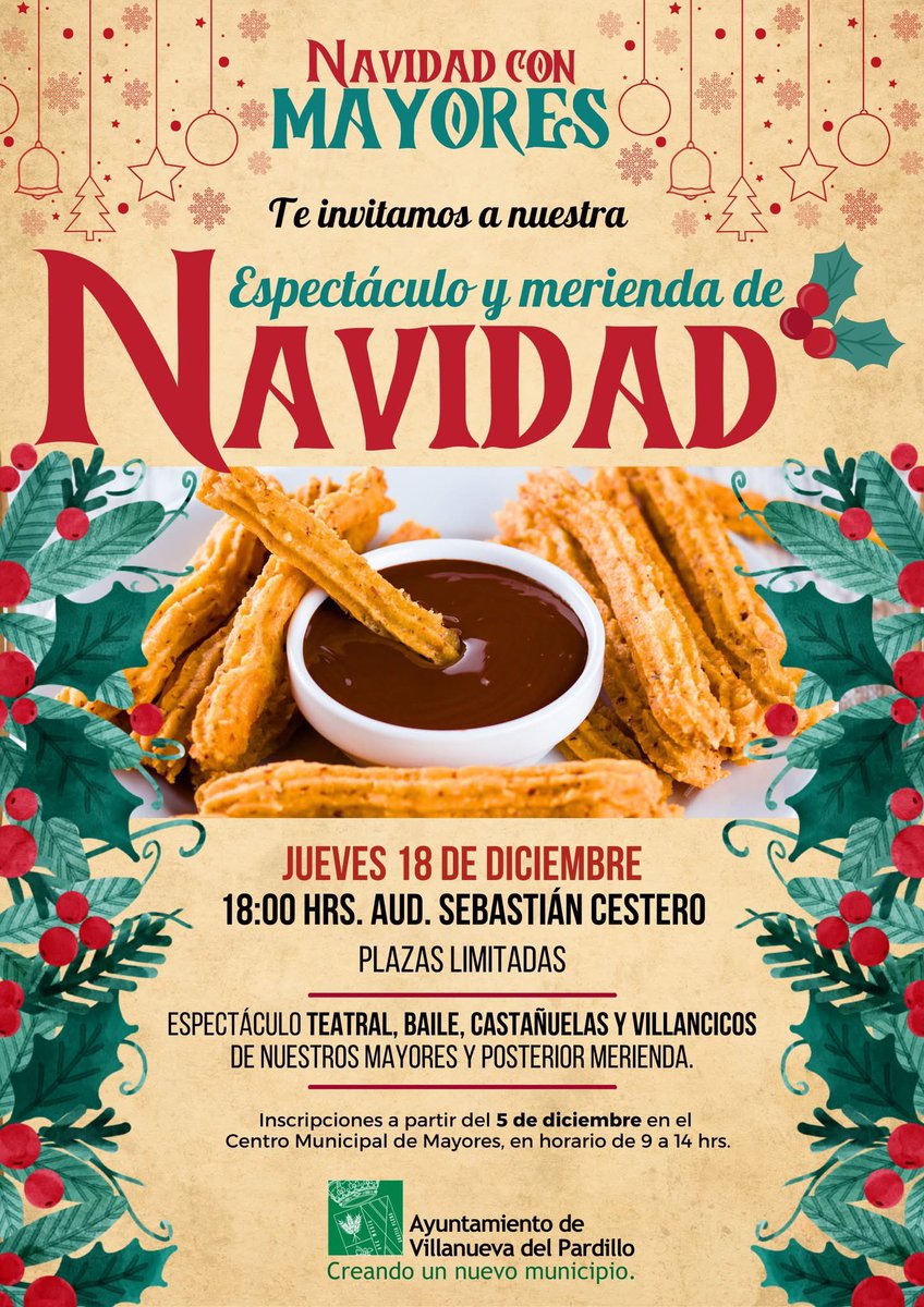 🎄 ESPECTÁCULO Y MERIENDA NAVIDEÑA PARA LOS MAYORES DE VILLANUEVA DEL PARDILLO

👉🏼 Teatro, baile, castañuelas y villancicos, seguido de merienda navideña.

📅 Jueves 18 diciembre | 🕒 18:00 h
📍 Auditorio Sebastián Cestero
📝 Inscripciones: Centro de Mayores, plazas limitadas