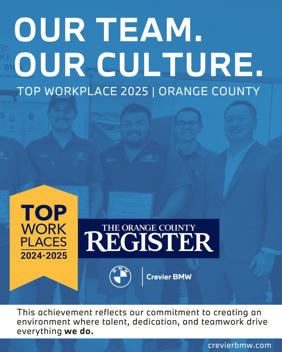 We’re proud to share that #CrevierBMW has been recognized as a #TopWorkplace for 2024–25 by The Orange County Register.

This achievement reflects our commitment to creating an environment where talent, #Dedication, &amp; #Teamwork drive everything we do. bit.ly/3Mz3MkR #BMW