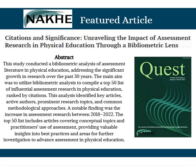 *Quest Featured Article* 

Towner, B. C., Keath, A. J., &amp; Wyant, J. D. (n.d.). Citations and Significance: Unraveling the Impact of Assessment Research in Physical Education Through a Bibliometric Lens. Quest, 0(0), 1–14. buff.ly/s8goJzm

#NAKHE