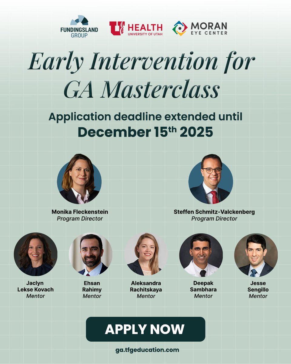 📢 Applications are still open for the Early Intervention for GA Masterclass!
A premier 30-hour program for early-career retina specialists and fellows focused on GA and FDA-approved therapies.
🗓 Deadline: Dec 15, 2025
👉 Apply: tfgedu.com/lV8J
