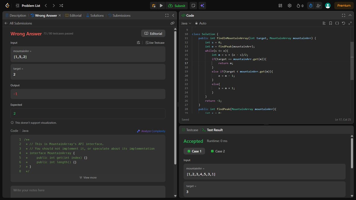 omkarstwtss's tweet image. Day 5: Finally cracked my first LeetCode HARD! 🚨

Problem: Find in Mountain Array 🏔️

I got stuck on edge cases, but breaking it down on paper  saved me.

Best feeling ever. 😤

Do you remember your first Hard problem??? 👇

#Java #100DaysOfCode #LeetCode