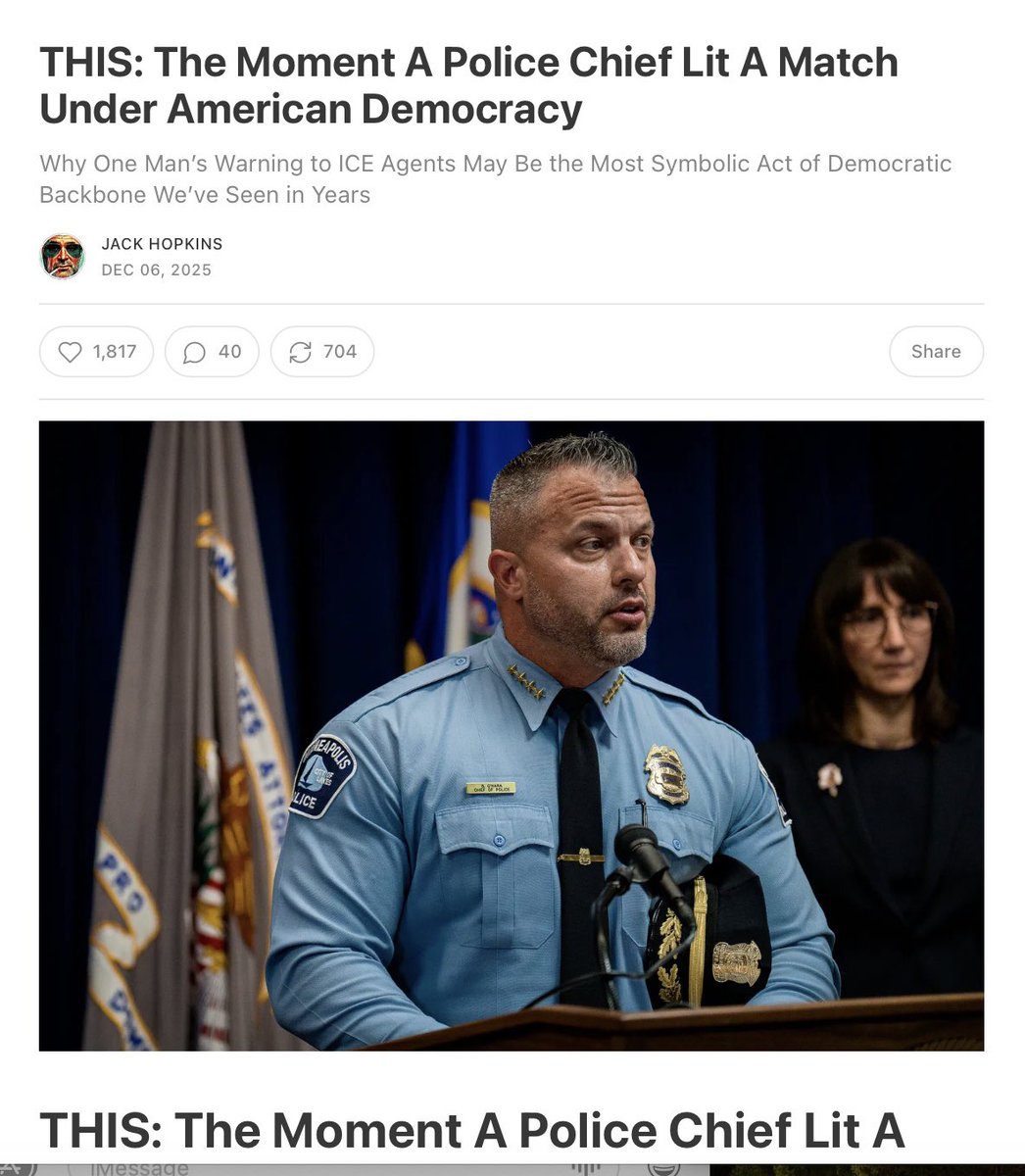 Minneapolis Police Chief Brian O’Hara recently said that if federal immigration agents come into the city and use illegal force on people, Minneapolis officers must step in to stop it. 

Via <a href="/thejackhopkins/">Jack Hopkins</a>