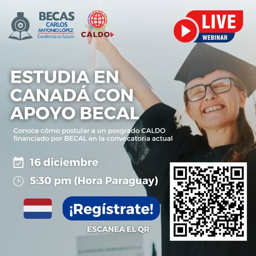 ✨ Da el siguiente paso en tu formación académica ✨
¿Estás pensando en llevar tu carrera a un nivel internacional?

Informate en el webinar Estudia en Canadá 🇨🇦 con apoyo BECAL 🇵🇾

Regístrate aquí: forms.gle/r7KwNQtXSwew1X…