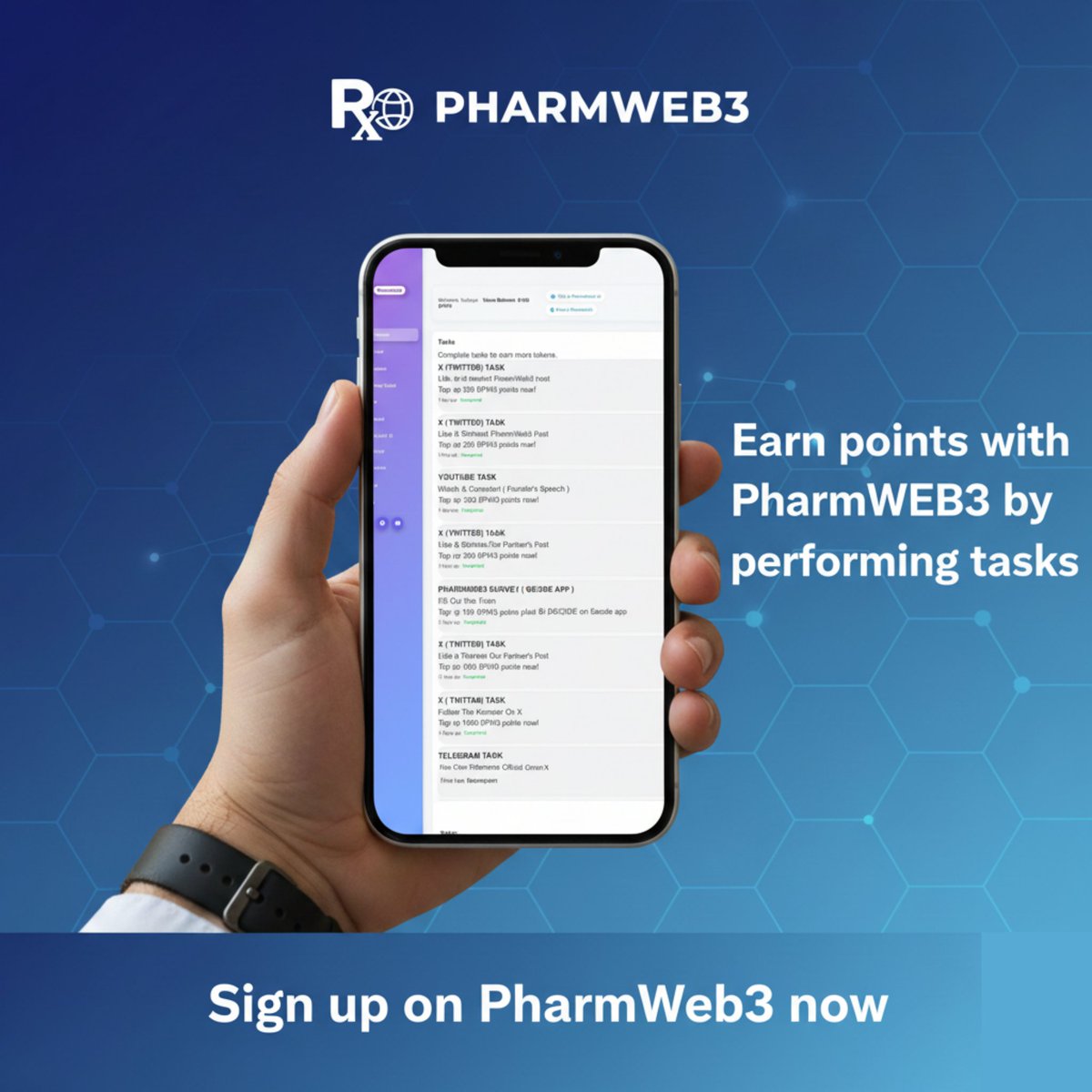 The task Section ensures you're rewarded with points. 
You get daily actionable tasks that keep you engaged, informed, and allows you contribute to real health change.

Click on PharmWeb3.com and click on the task feature on your dashboard to get started.