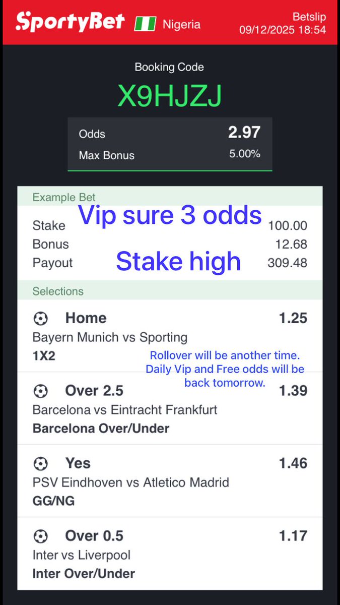 sureodds_'s tweet photo. Vip sure 3 odds.
Stake high.
Rollover will be another time.
Daily Vip and Free odds will be back tomorrow. https://t.co/uxLf4fRJPu