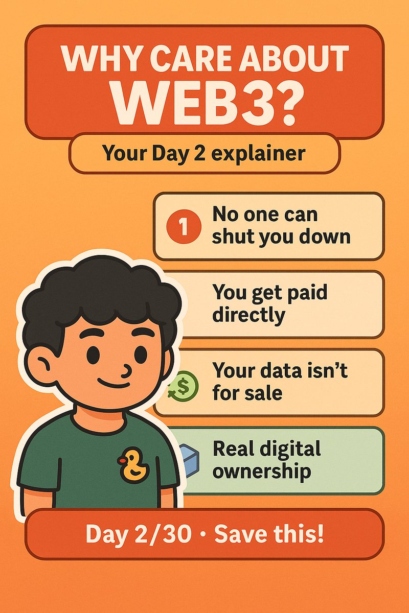 AyuShettyEth's tweet image. 2/30 #30DaysOfWeb3

Yesterday: Web3 = you actually OWN things online.
Cool… but does that matter?
Yes, here are 4 reasons (FACTS):

1️⃣ No one can shut you down
Web2 platforms/banks can ban or freeze you overnight. In Web3, if you control your keys, no one can take your identity