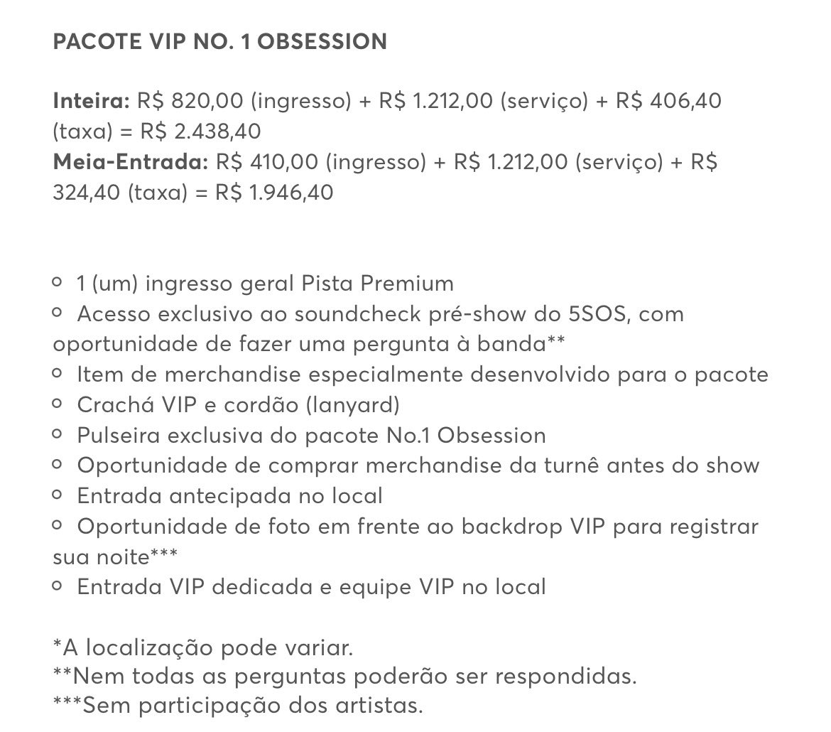 weinthecrowd's tweet photo. Informações do pacote VIP dos shows da 5 Seconds of Summer ⭐️🎟️

Valores São Paulo: R$ 2.438,40 (inteira) | R$ 1.946,40 (meia) 

Valores Belo Horizonte: R$ 2.270,40 (inteira) | R$ 1.862,40 (meia) https://t.co/8eC1F6hdUW
