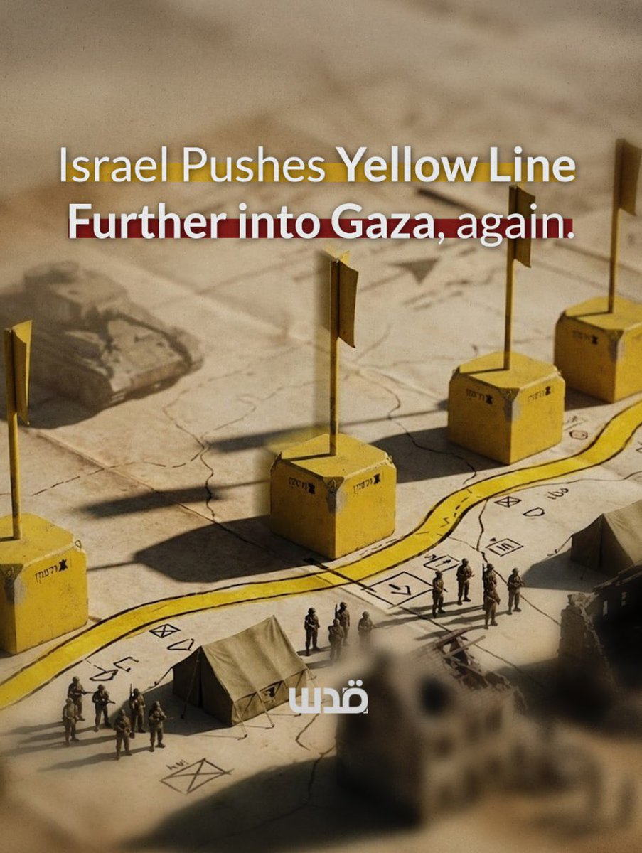 QudsNen's tweet image. Earlier today, Israeli occupation tanks advanced further into Gaza beyond the agreed-upon Yellow Line, establishing a new border hundreds of meters deeper into Bani Suhaila and Khan Yunis. 

Since the beginning of the Gaza ceasefire brokered by Trump, Israel has breached it from…