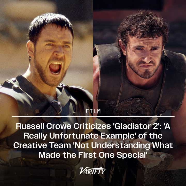 Russell Crowe criticizes "Gladiator 2" for lacking the "moral core" of the first movie.

"It's a really unfortunate example of even the people in that engine room not actually understanding what made the first one special. It wasn’t the pomp. It wasn’t the circumstance. It wasn’t
