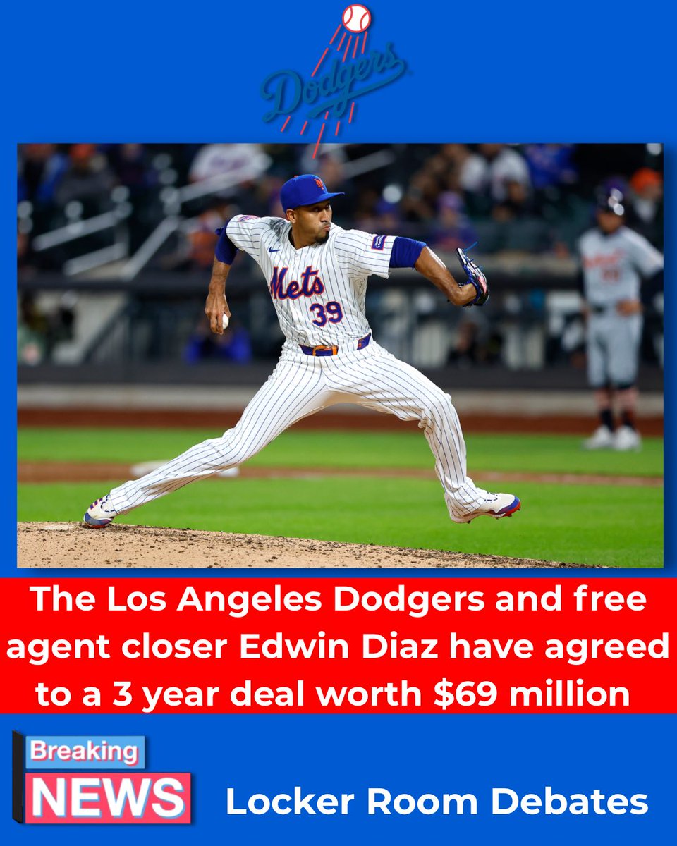 Lockeroomdebate's tweet photo. This past season, Diaz posted a 6-3 record with a 1.63 ERA, 28 saves, 98 strikeouts, and a 0.87 WHIP.

How big of an impact do you think Diaz will have on the Dodgers?

#mlb #baseball #mlbbaseball #freeagent #losangelesdodgers #losangeles #dodgers #pitcher #edwindiaz #sports https://t.co/V6HKsguwNB