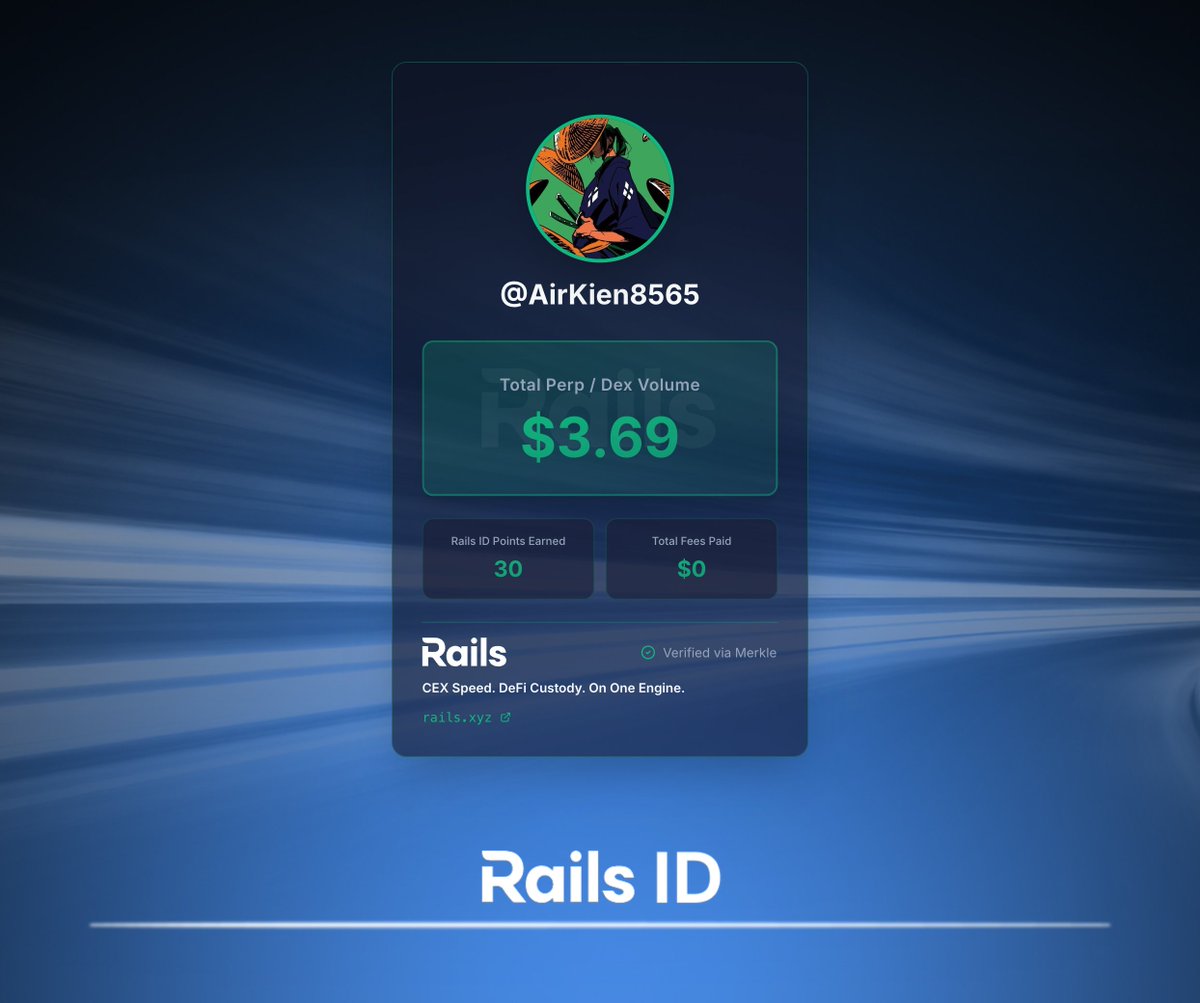 I just got my Rails ID. It pulls my DEX volume history into a single card and shows 30 Rails ID Points earned so far.

 Now it’s all about Rails Play: <a href="/rails_xyz/">Rails</a> ’s perps training ground.

Claim your Rails ID now: quest.rails.xyz/onboard?r=AirK…