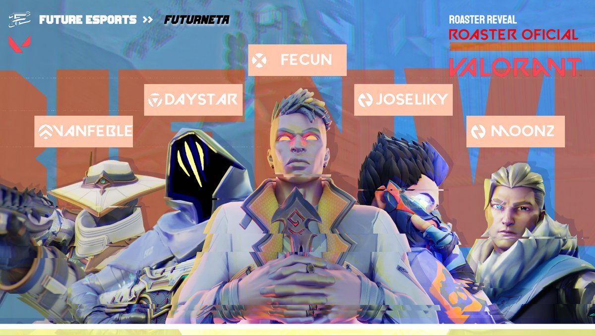 👀Después de tanto tiempo, de tantos roasters ¡Nos alzamos con el futuro! Nos encabezaremos el siguiente split con el siguiente roaster reveal 👀:
⚔️<a href="/MoonZora_/">MoonZ</a> 
⚔️<a href="/deY_vlr/">deY</a> 
⚔️<a href="/Vanfeble_/">Vanfeble</a> 
⚔️<a href="/Joselyky_/">Joselyky</a> 
⚔️<a href="/Fecun345/">Fecun</a> 
#Futurneta #ShowYourOwnDestiny